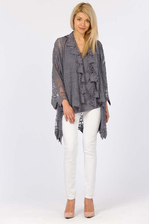 60% Cotton 40% Poly Front Open Lace Cardigan - Charcoal/Grey